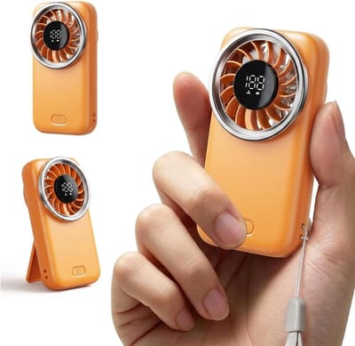 Mini Handventilator Oranje met Digitaal Display | Oplaadbare Zakventilator met 5 Standen | Draagbare Mini Ventilator | Stille & Lichtgewicht Draagbare Fan | voor Thuis, Kantoor & Onderweg | Essentieel voor Zomerreizen & Buitenactiviteiten