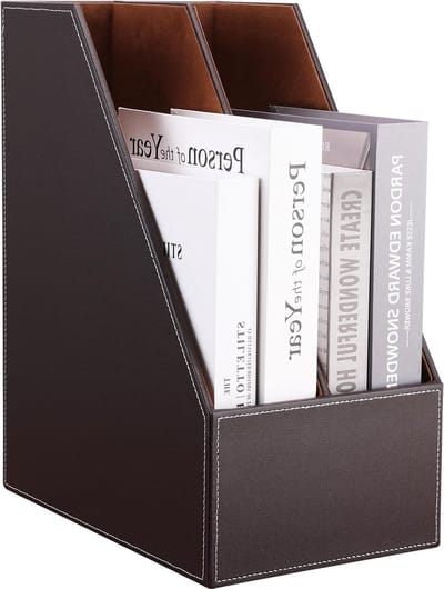 Houten en Leren Tijdschrift Houder met 2 Vakken voor Boeken en Papieren - Desk Organizer voor Kantoor en Thuisgebruik