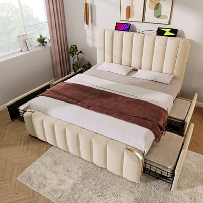 Gestoffeerd bed 140x200 cm - hoofdeinde met gouden sierstrips - USB Type-C oplaadfunctie - met 4 lades - beige - zonder matras