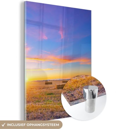 MuchoWow® Glasschilderij 30x40 cm - Schilderij acrylglas - Stro - Zon - Lucht - Landschap - Foto op glas - Schilderijen