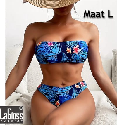 LaGloss® Blauwe Tropische Bloemen Bikini Set - Tweedelig - Strand - Maat L %%