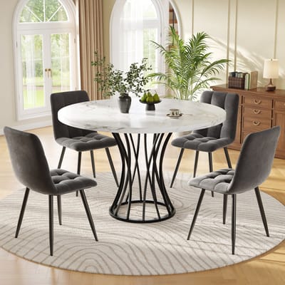 MODFU - Eethoekset - Ronde Tafel Met 4 Stoelen - Modern - Voor Eetkamer - MDF, Metaal En Fluweel - Multicolor - 80 x 80 x 76 cm