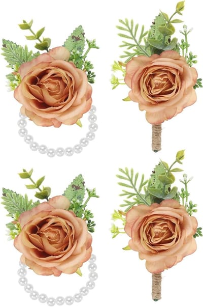 Pols Corsage en Boutonnieres - Bruiloft Bloemen Set - Feestelijke Aankleding - Stoffen Rozen Realistisch - 4 Stuks - Koffie