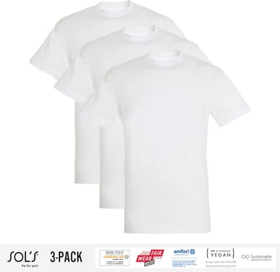 3 Pack Sol's Jongens/Meisjes T-Shirt 100% biologisch katoen Ronde hals Wit Maat 86/94 (1/2 Jaar)