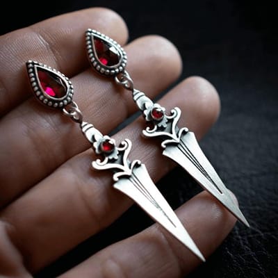 Overdreven Druppelvormige Ingezette Rode Steen Oorbellen Vintage Gepersonaliseerde Zilverkleur Graveerpatroon Lange Hangende Oorbellen gray
