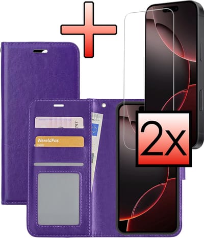 Hoesje - Met 2x Screenprotector - Geschikt voor Apple iPhone 16 Pro - Luxe Pasjeshouder - Bookcase Portemonee - Flip Case - Kunstleer Book Case - Flipcase Hoes - Book Cover - Walletcase - Portemonneehoes - Paars