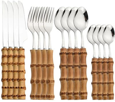 Golaro Bestekset - Serviessets - Bamboe Bestekset 4 Persoons - 16-delig RVS - Duurzaam Cadeau - Vaatwasserbestendig - Zilver