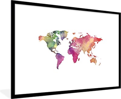 Poster in lijst - Fotolijst 90x60 cm - Posters - Wereldkaart - Waterverf - Kleuren - Posterlijst zwart - Decoratie - Wanddecoratie woonkamer - Muurdecoratie slaapkamer