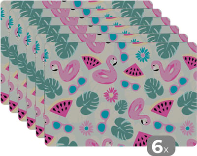 Placemat - Placemats kunststof - Zomer - Patroon - Flamingo - Monstera - 45x30 cm - 6 stuks - Hittebestendig - Anti-Slip - Onderlegger - Afneembaar