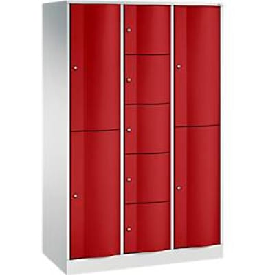 C+P combikast Resisto, 3 afdelingen, 9 vakken, B 1148 x D 540 x H 1950 mm, lichtgrijs/robijnrood