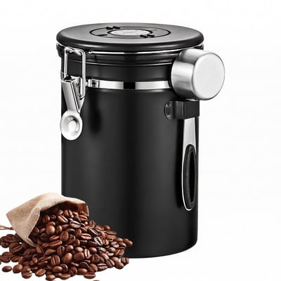 Koffiebonen Bewaarpot 2,8L RVS Luchtdichte Voorraadbus met Eenrichtingsventiel CO₂-Ventiel – Voedselveilig Roestvrij Staal Koffie Container – Voor Bonen & Gemalen Koffie Thee Suiker – Geurvrij Aromabestendig – Zwart Rond Design – Keuken Café
