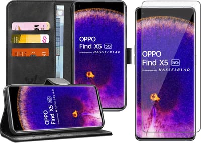 Hoesje geschikt voor Oppo Find X5 - Screenprotector Glas - Portemonnee Book Case Zwart