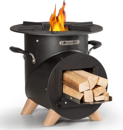 Blumfeldt Vuurschaal met grillrooster, Outdoor stalen vuurschaal groot, Mobiele tuinvuurschaal, L-vorm vuurschalen met pook, Weerbestendige vuurschaal voor de tuin, Raketkachel vuurhaard