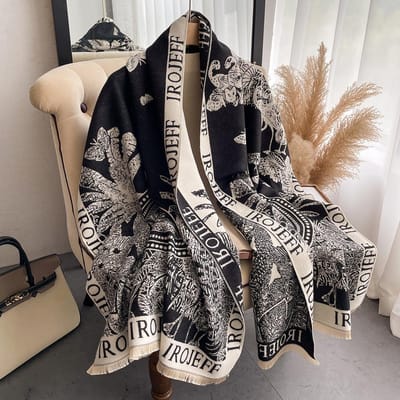 Luxe Winterroos Tweezijdig Kasjmier Jacquard Sjaals Hoge Kwaliteit Dames Verdikken Wikkel Sjaal Dames Wol Pashmina Sjaal black