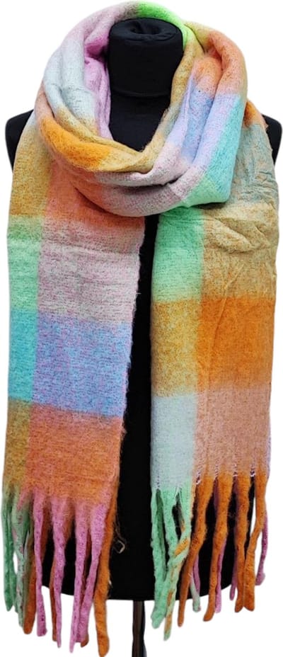 Lange Warme Sjaal - Geblokt - Mint/Oranje - 240 x 44 cm (2413#)