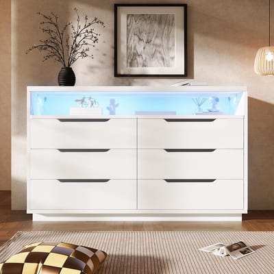 BLACKCOLORS Buffetkast, ladekast met ledverlichting en 6 lades, opbergvak met marmeren korrel, moderne kast voor woon- en slaapkamer, 120x40x85cm, wit