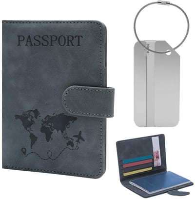 Dailygoods - Paspoorthoes, kofferlabelset, paspoorthoes kunstleer, beschermhoes paspoort met RFID-blokkering voor identiteitskaart, creditcard, visitekaartjes, instapkaart, zeegrijs, 15 x 11cm, Modern