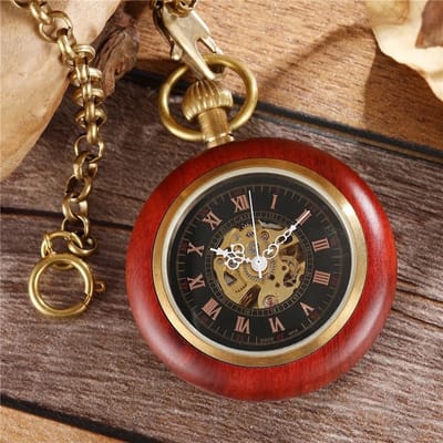 Vintage Zakhorloge Skeleton | Mechanisch Zakhorloge | Handmatige Opwinding | Met Ketting | Hout | Rood