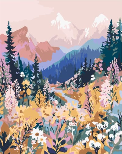 Untamed - Paint by numbers Volwassenen – schilderen op nummer – Creatieve hobby – Ontspanning Thuis – Cadeau idee – Compleet pakket – DIY decoratie – Landschap – Bergen – Bloemen – Blush Mountain Meadow