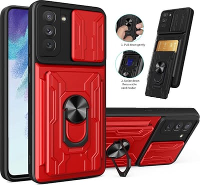 Hoesje Geschikt Voor Samsung Galaxy S21 Fe hoesje met Ring houder - camera lens protector en pashouder – Rood