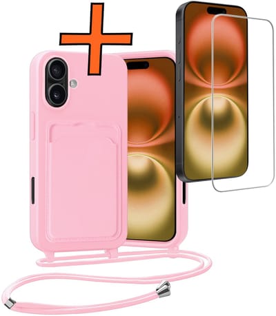 Hoesje Geschikt voor iPhone 16 Plus Hoesje Met Telefoonketting Pasjeshouder Case Met Screenprotector Koord - Hoesje Geschikt voor iPhone 16 Plus Hoes Met Kaarthouder - Lichtroze