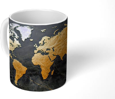 Mok - Koffiemok - Wereldkaart - Goud - Marmer print - Mokken - 350 ML - Beker - Koffiemokken - Theemok