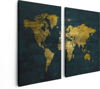 Artaza Canvas Schilderij Tweeluik Gouden Wereldkaart - 80x60 - Foto Op Canvas - Canvas Print