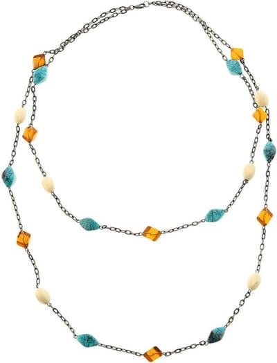 Behave - Lange dubbele antiek zilverkleurige ketting met turquoise en bruine kralen, 68 cm