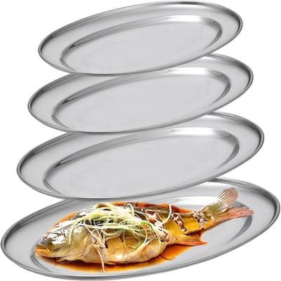 Elegante Ovale Serveerschalen Set van 4 Stuks, RVS, Ideaal voor Vlees, Groenten en Visgerechten, Diverse Maten van 26cm tot 40cm