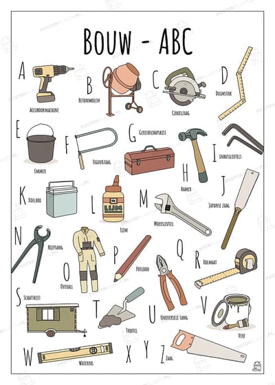ABC Poster Bouwen - 50 x 70 cm - Educatieve Letterposter met Handgetekende Illustraties - Kinderkamer & Wanddecoratie - Woondecoratie - Relatiegeschenk