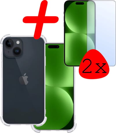 Hoesje Met Screenprotector - 2 Stuks - Geschikt voor Apple iPhone 15 - Sterk & Shockproof - Siliconen Case - Back Cover - Telefoon Hoes - Shock Proof - Transparant