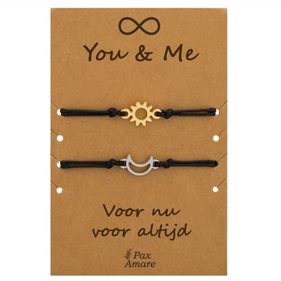 Vriendschapsarmbandjes voor 2 " You & Me ∞" - Zon & Maan - BFF Armbandjes met Persoonlijk Cadeau Kaartje - Zilverkleurig & Goudkleurig - Elastisch Verstelbaar - Pax Amare