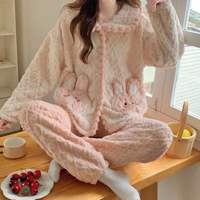 Pyjama en velours corail pour femme, cardigan d'hiver à manches longues, fraise, flanelle, deux pièces, épais et chaud XXL