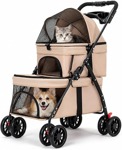 Huisdierenbuggy - Dubbele Hondenbuggy - Veilig Vervoer - Twee Compartimenten - Tot 20kg - Kaki