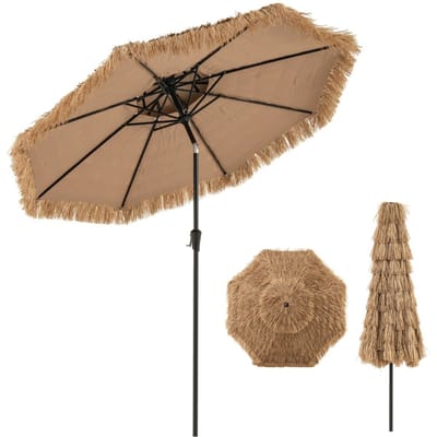 Coast Hawaïaanse Rieten Tiki Parasol 267x247 cm – Natuurlijke Terrasparasol met Zwengel, Kantelmechanisme & 8 Stevige Baleinen
