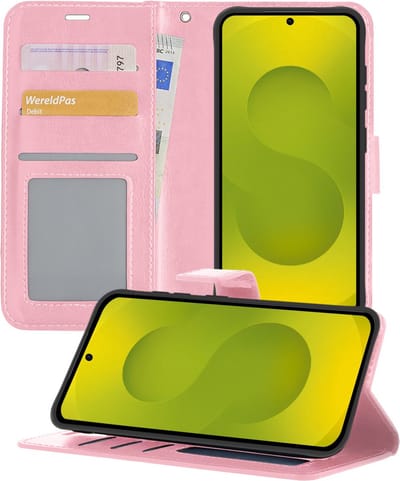 Hoesje - Met Pasjeshouder - Geschikt voor Samsung Galaxy S25 - Luxe Bookcase Portemonee - Flip Case - Kunstleer Book Case - Flipcase - Book Cover - Walletcase - Portemonneehoes - Telefoonhoesjes - Lichtroze