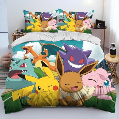 Parure de lit Cartoon Pikachu Pokemon Monstre 3D Housse de couette Ensemble de lit Housse de couette Taie d'oreiller Ensemble de lit Queen Adulte Enfants 220*240cm 3pcs
