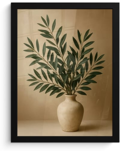 Poster in lijst - Fotolijst 30x40 cm - Posters - Vaas - Olijftakken - Bladeren - Beige - Posterlijst zwart - Decoratie - Wanddecoratie woonkamer - Muurdecoratie slaapkamer