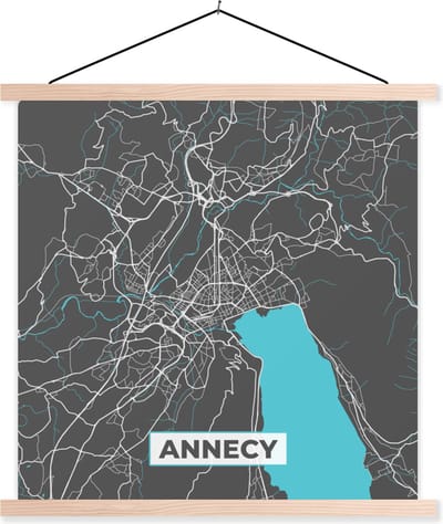 Posterhanger incl. Poster 40x40 cm - Schoolplaat - Plattegrond - Annecy - Kaart - Stadskaart - Frankrijk - Textielposter - Blanke latten - Stadskaart