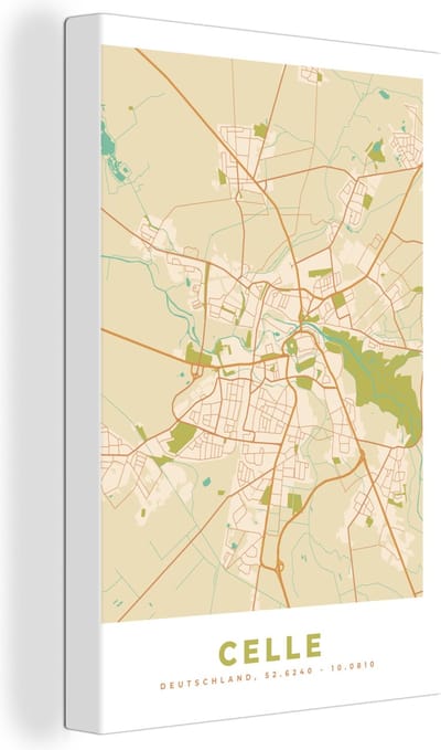 Canvas Schilderij Celle - Plattegrond - Vintage - Kaart - Stadskaart - 20x30 cm - Wanddecoratie