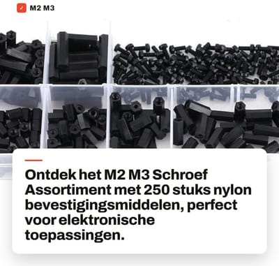 Dailygoods - M2 M3 Schroef Assortiment - Nylon Bevestigingsmiddelen - 250 Stuks - Zwart - Montage - Ideaal voor Elektronica - Inclusief Plastic Doos