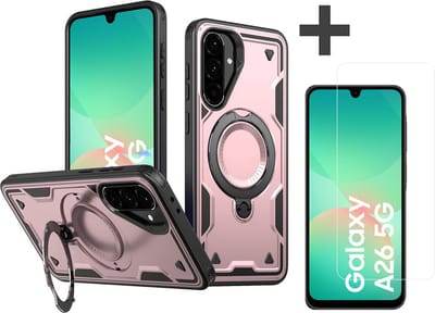 Hoesje Geschikt voor Samsung Galaxy A26 met gehard glas Screenprotector - Armor hoes met Ringhouder - Arara backcover - Rosegoud
