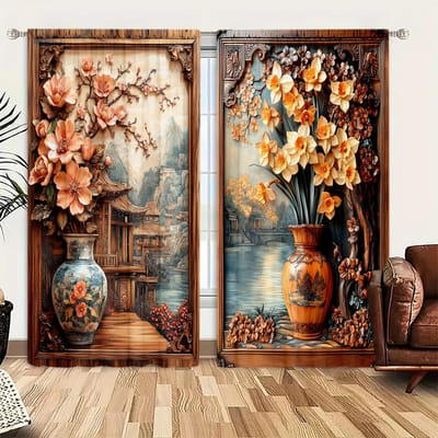 2 pièces Rideau imprimé 3D Vase sculpté en bois vintage pour décoration intérieure - Traitement de fenêtre à passants pour chambre, bureau, cuisine 52.5cmX116cm X 2pcs white