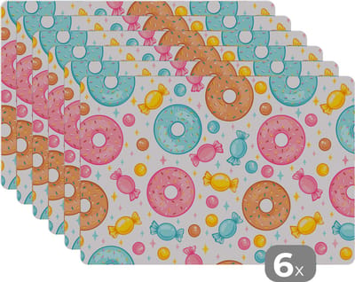 Placemat - Placemats kunststof - Snoep - Donuts - Patronen - 45x30 cm - 6 stuks - Hittebestendig - Anti-Slip - Onderlegger - Afneembaar