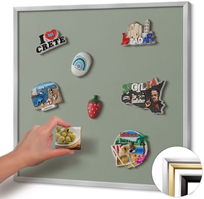 Wallfluent - Olijf Magneetbord in Effen Kleuren - 50 cm x 50 cm - Magneetbord met Zilveren Frame - Licht olijfkleur - Magneetbord met Effen Frame - Magneetbord Multifunctioneel - Magnetisch Bord Decoratief