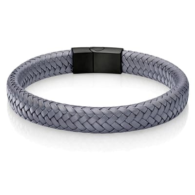 Gevlochten Leren Armband Heren Edelstaal Sluiting Grijs Zwart-22cm