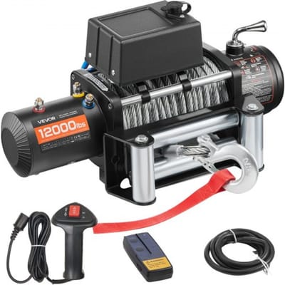 VEVOR elektrische lier, 5400 kg, 12 V DC vrachtwagenlier met stalen kabel van Φ 9,1 mm x 26 m, draadloze en bedrade afstandsbediening, geschikt voor het slepen van SUV's, jeeps, trailers, boten en terreinwagens.