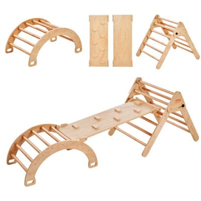 VEVOR Pikler Triangle Set, 5-in-1 klimtoestel voor peuters, binnenspeeltuin, Montessori klimset met driehoek, helling en boog, groot houten klimrek voor peuters van 1-3 jaar, houtkleur