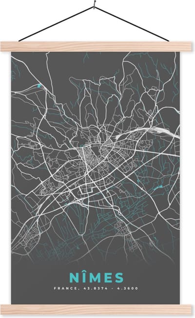 Posterhanger incl. Poster 40x60 cm - Schoolplaat - Frankrijk - Stadskaart - Kaart - Plattegrond - Nîmes - Textielposter - Blanke latten - Stadskaart