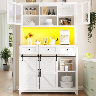 MODFU - Keukenkast - Met LED-Verlichting En Verstelbare Planken - Moderne Landhuisstijl - MDF - Wit - 105 X 38,4 X 180 Cm